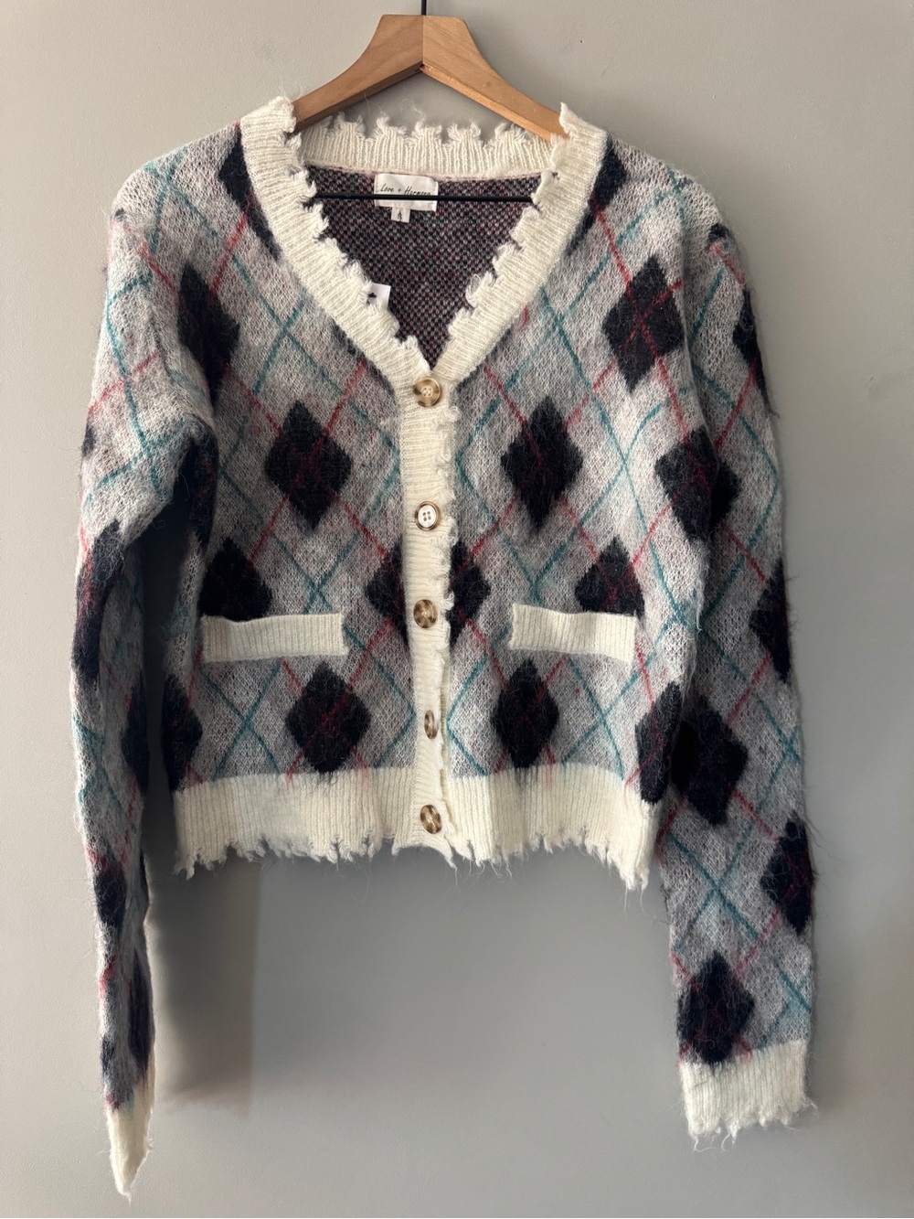 Love + Harmony | Cozy Argyle Button-Up Cardigan Sweater - Cream, Gray, Black | S